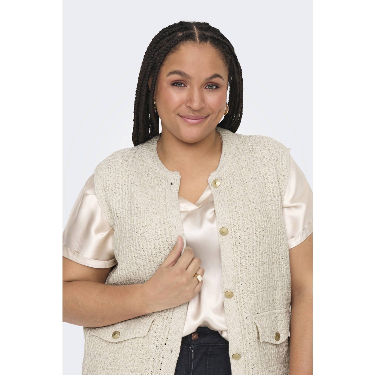 Only Carmakoma Glitter Berken Zilver Gebreid Vest Beige Dames