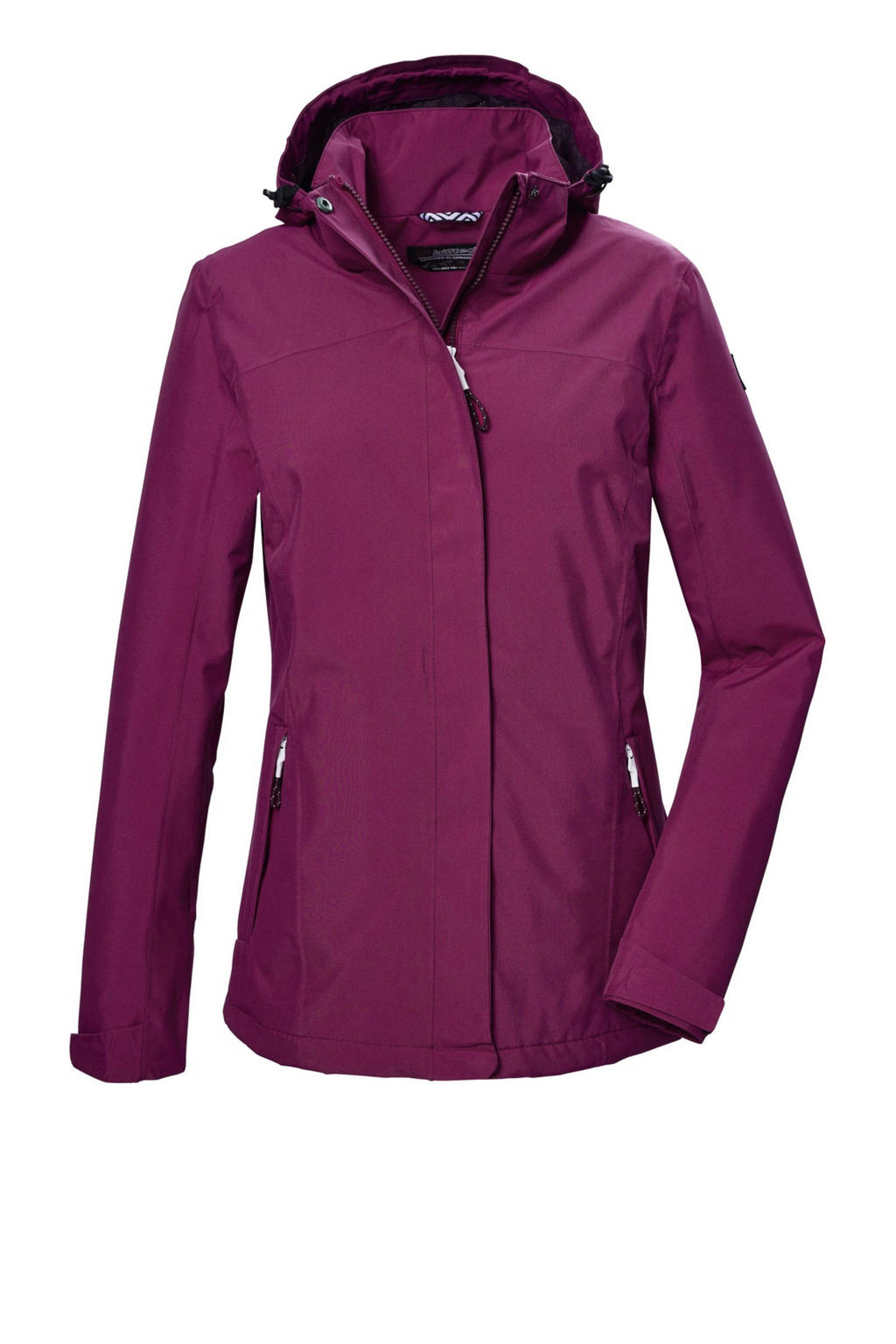 Donkerrode dames Killtec outdoor jas van polyester met effen, lange mouwen, capuchon en rits met windvanger