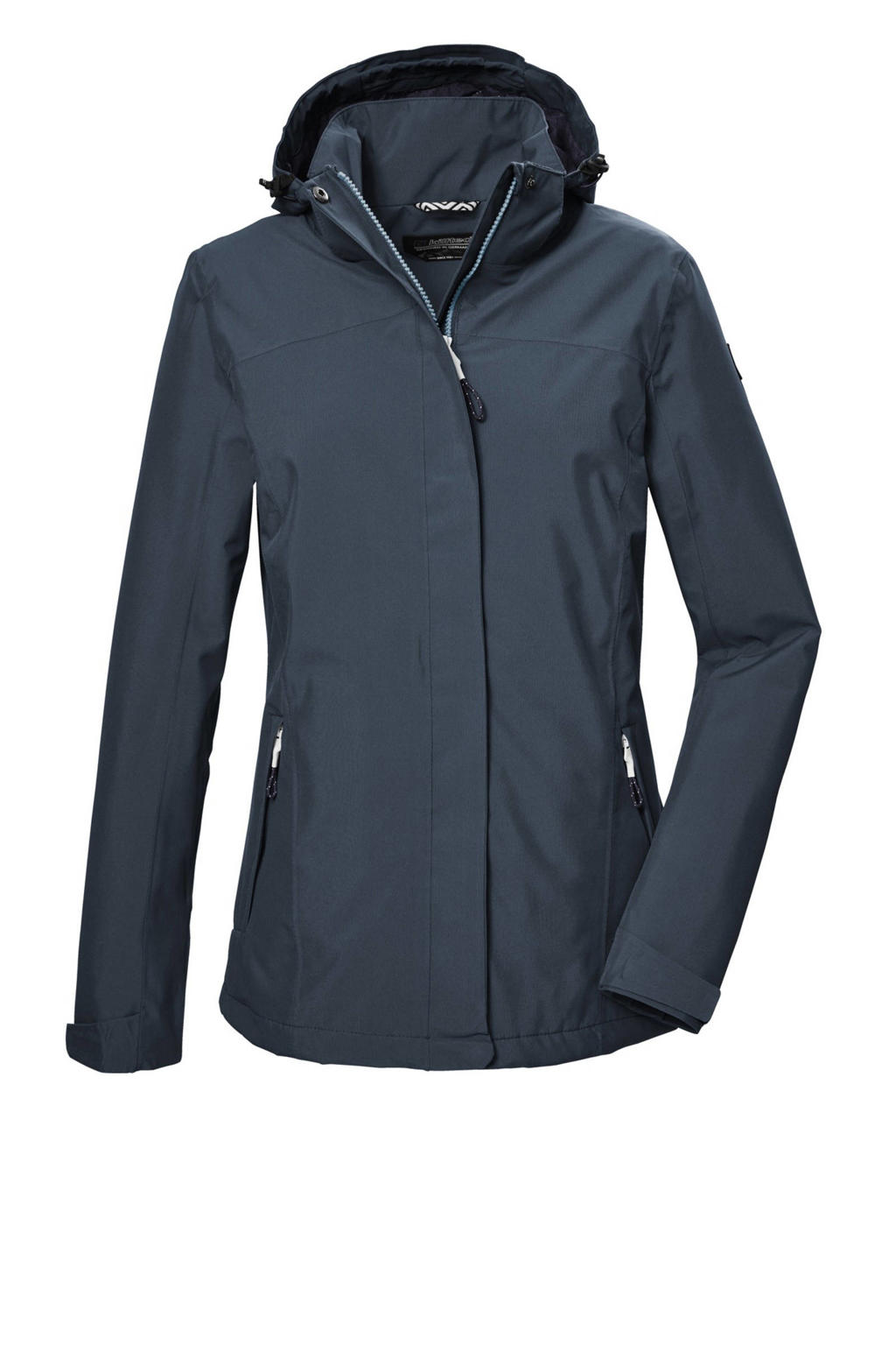 Blauwe dames Killtec outdoor jas van polyester met effen, lange mouwen, capuchon en rits met windvanger
