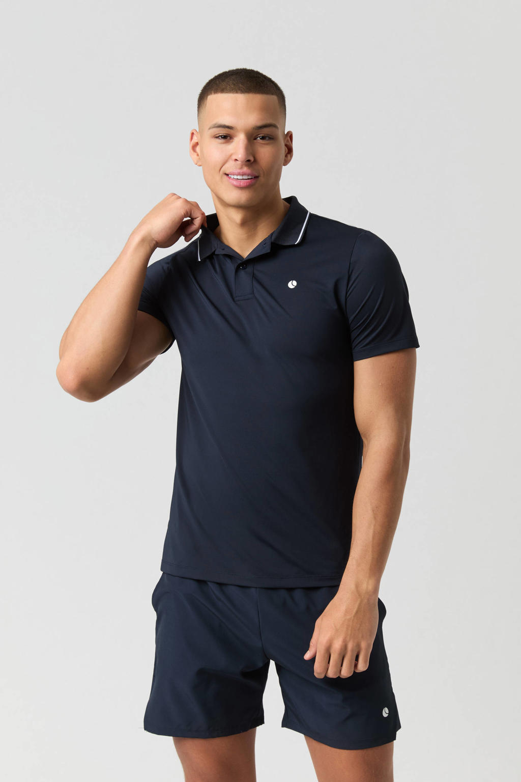 Donkerblauwe heren Björn Borg sportpolo Ace Polo met logo dessin, korte mouwen, klassieke kraag en knoopsluiting