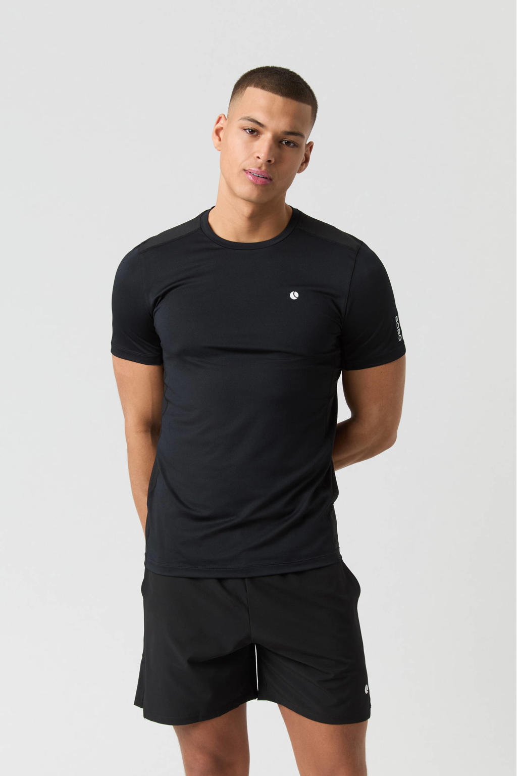 Zwarte heren Björn Borg sportshirt Ace Mesh Panel van polyester met logo dessin, korte mouwen en ronde hals