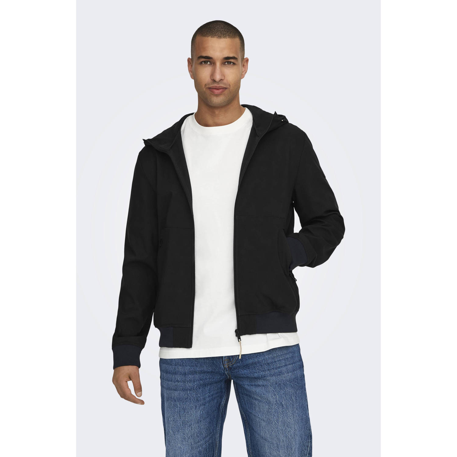 Only & Sons Zwarte jas met capuchon en ritszakken Black Heren