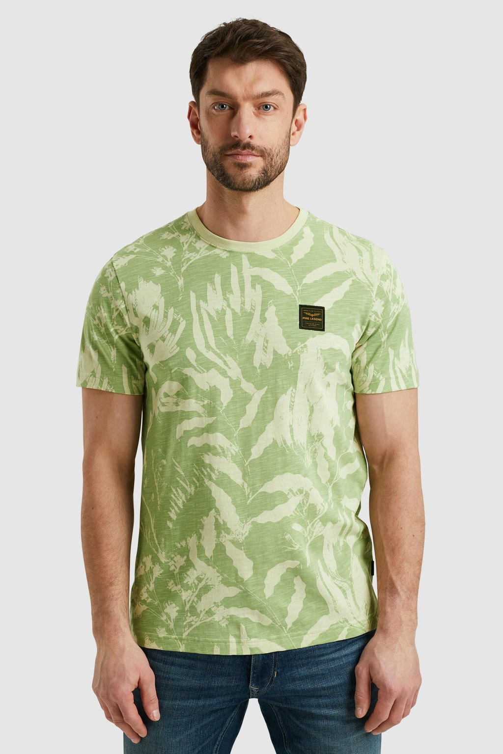Groene heren PME Legend T-shirt van katoen met bladprint, korte mouwen en ronde hals