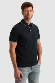 thumbnail: Blauwe heren PME Legend regular polo van katoen met printopdruk, korte mouwen, klassieke kraag en contrast bies