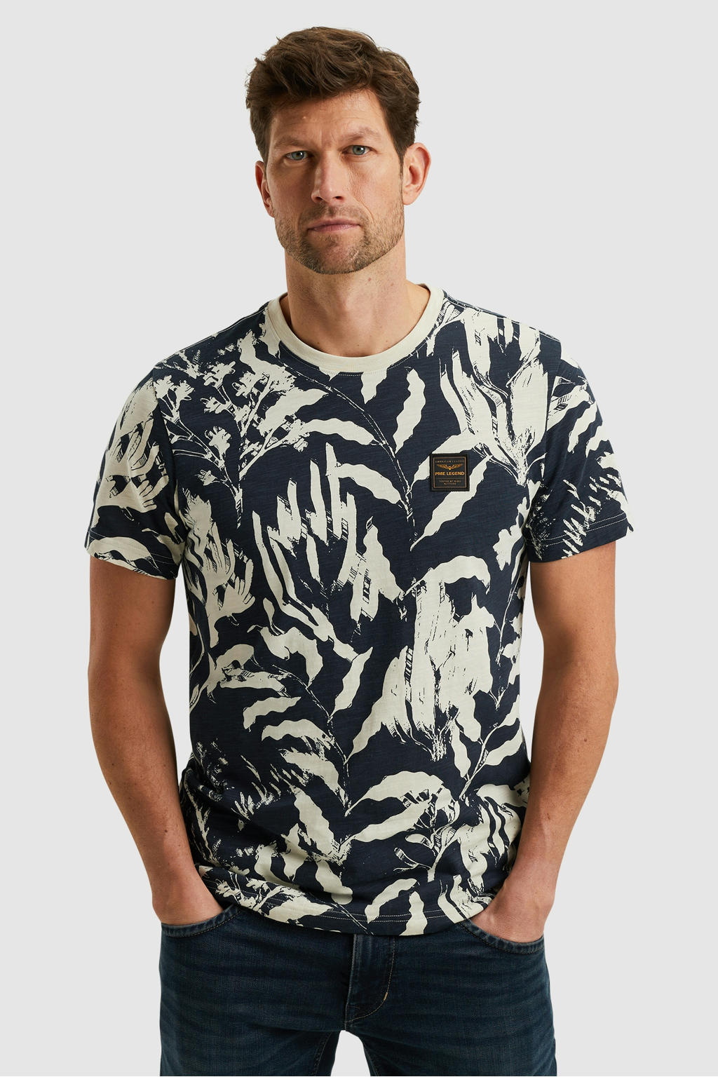 Blauwe heren PME Legend T-shirt van katoen met bladprint, korte mouwen en ronde hals