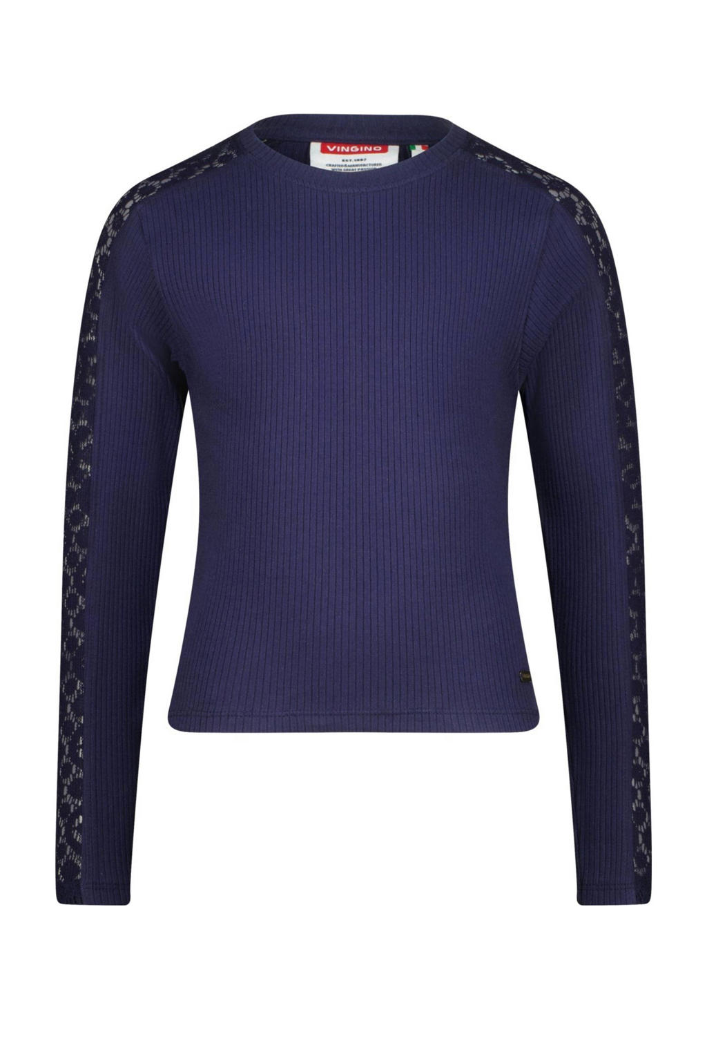 Donkerblauwe meisjes Vingino longsleeve van stretchkatoen met effen, lange mouwen en ronde hals
