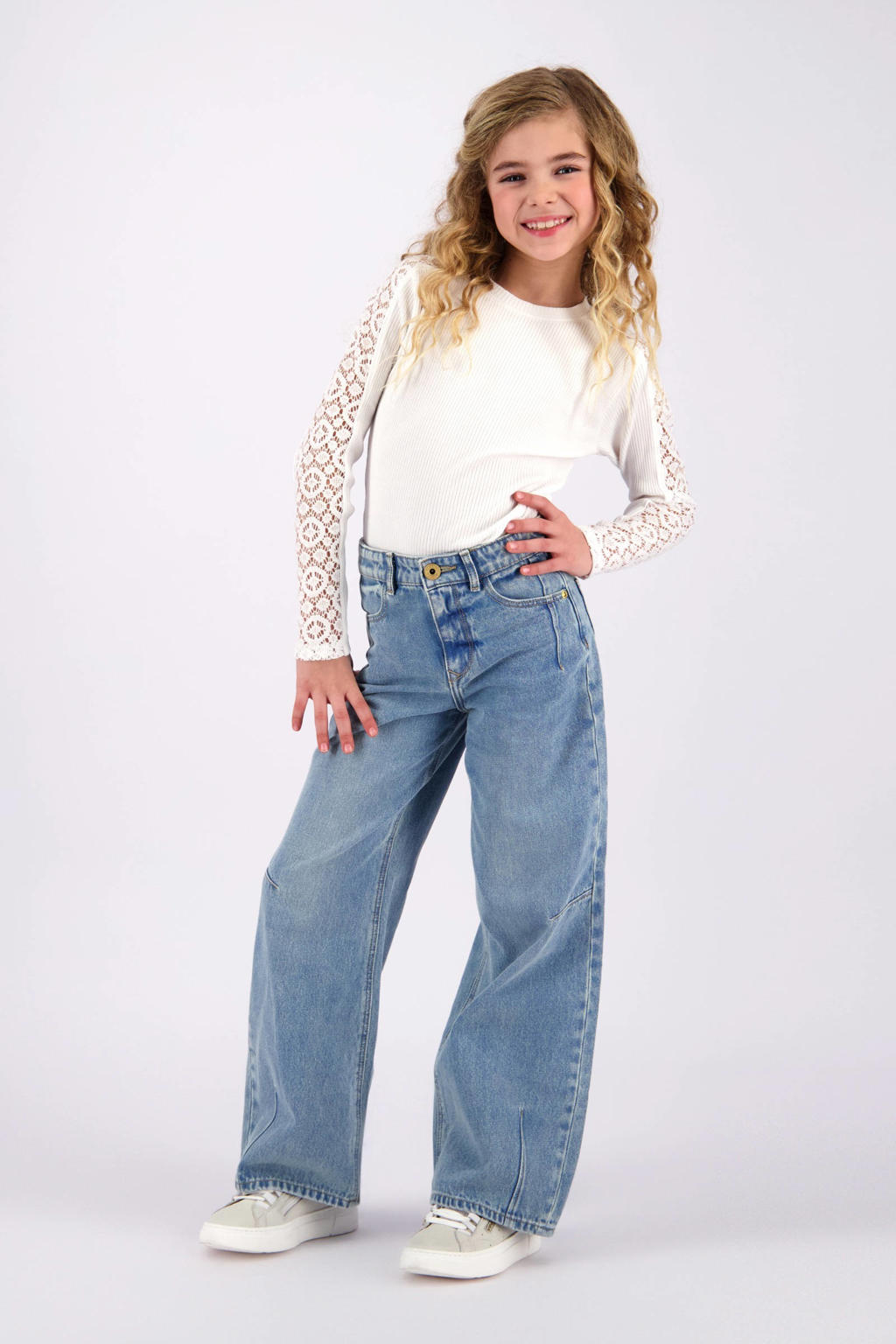 Witte meisjes Vingino longsleeve van stretchkatoen met effen, lange mouwen en ronde hals