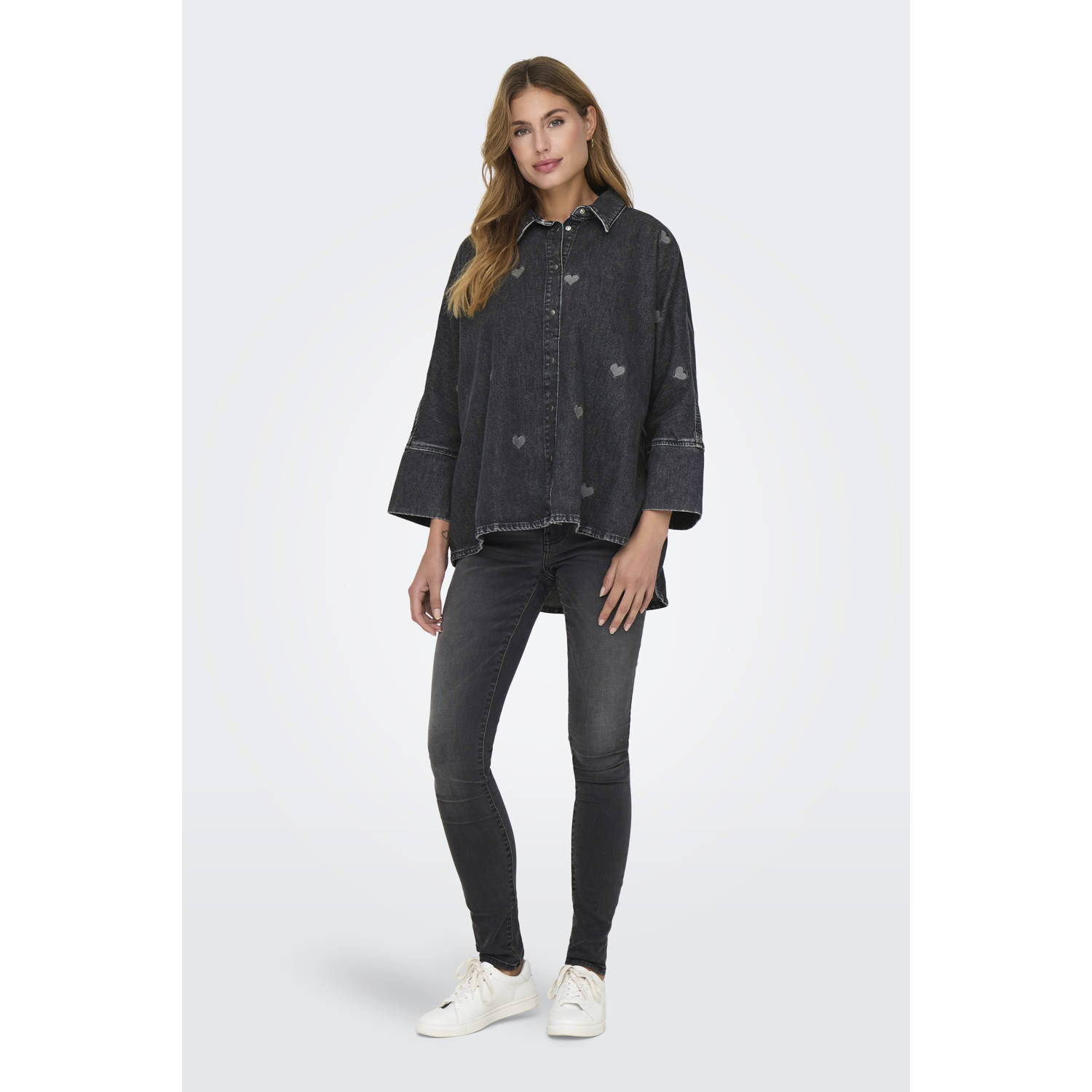 ONLY denim blouse ONLGRACE met hartjes black denim