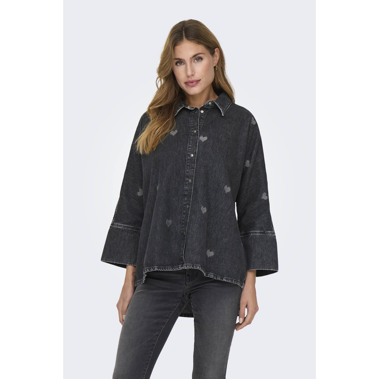 ONLY denim blouse ONLGRACE met hartjes black denim