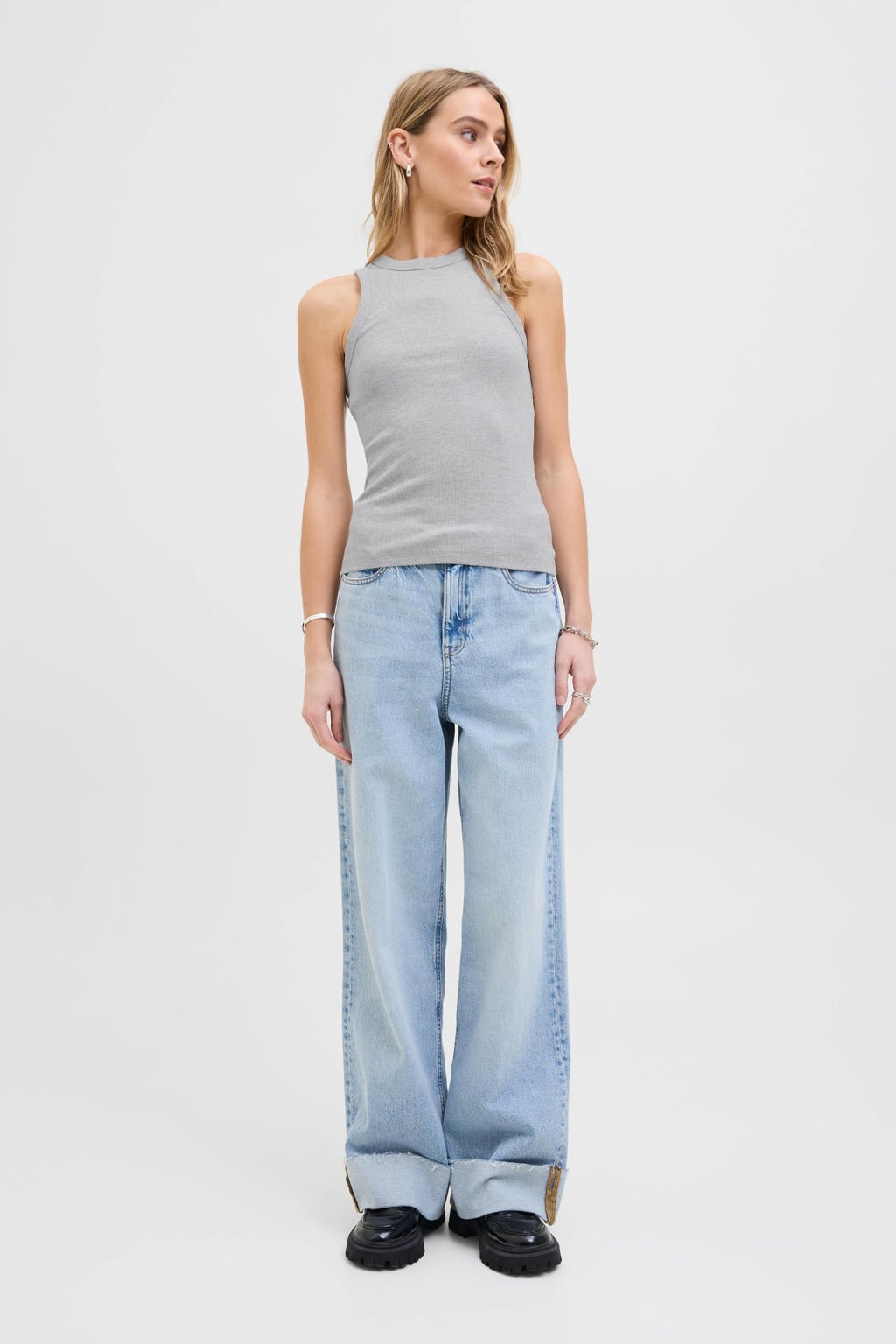 Grijze dames JJXX mouwloze top met melée print, ronde hals en gebreide details