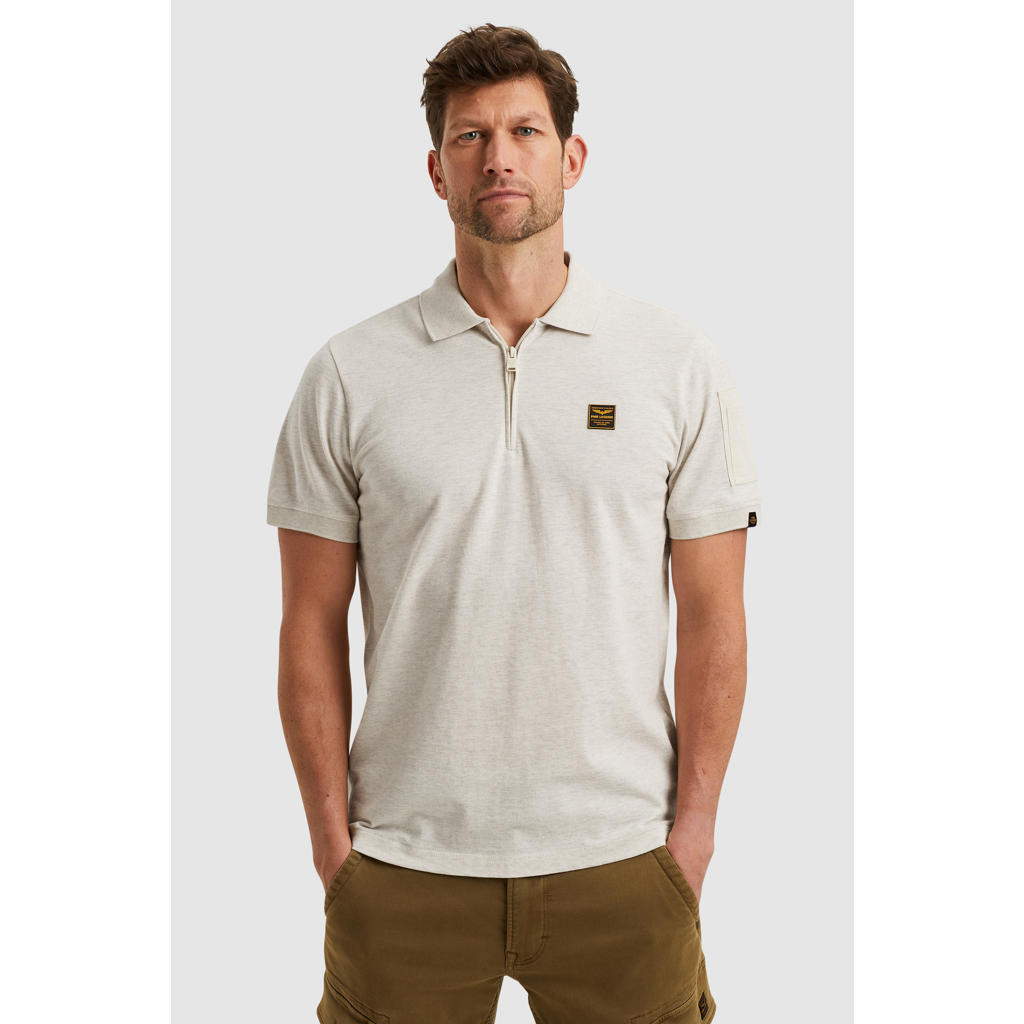 Ecru heren PME Legend relaxed polo van katoen met melée print, korte mouwen, klassieke kraag en halve rits