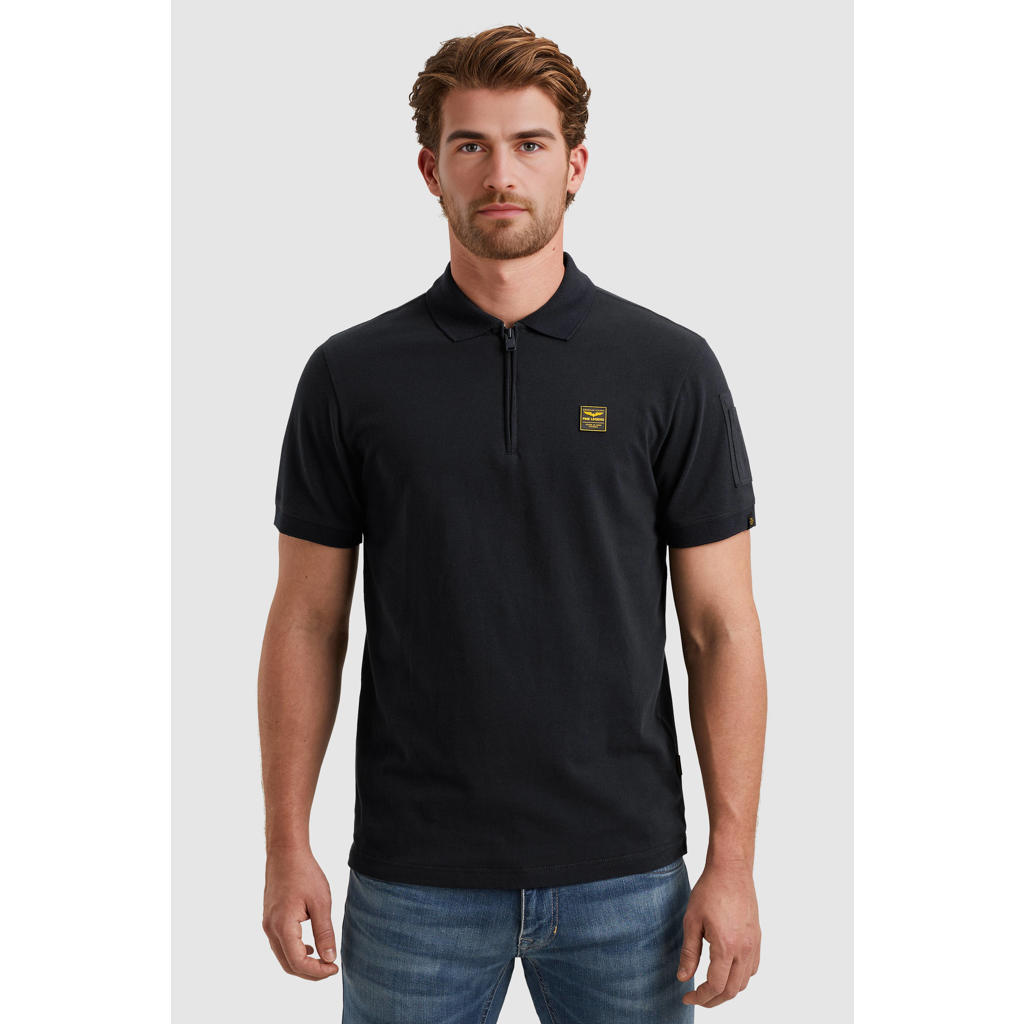 Donkerblauwe heren PME Legend relaxed polo van katoen met effen, korte mouwen en halve rits