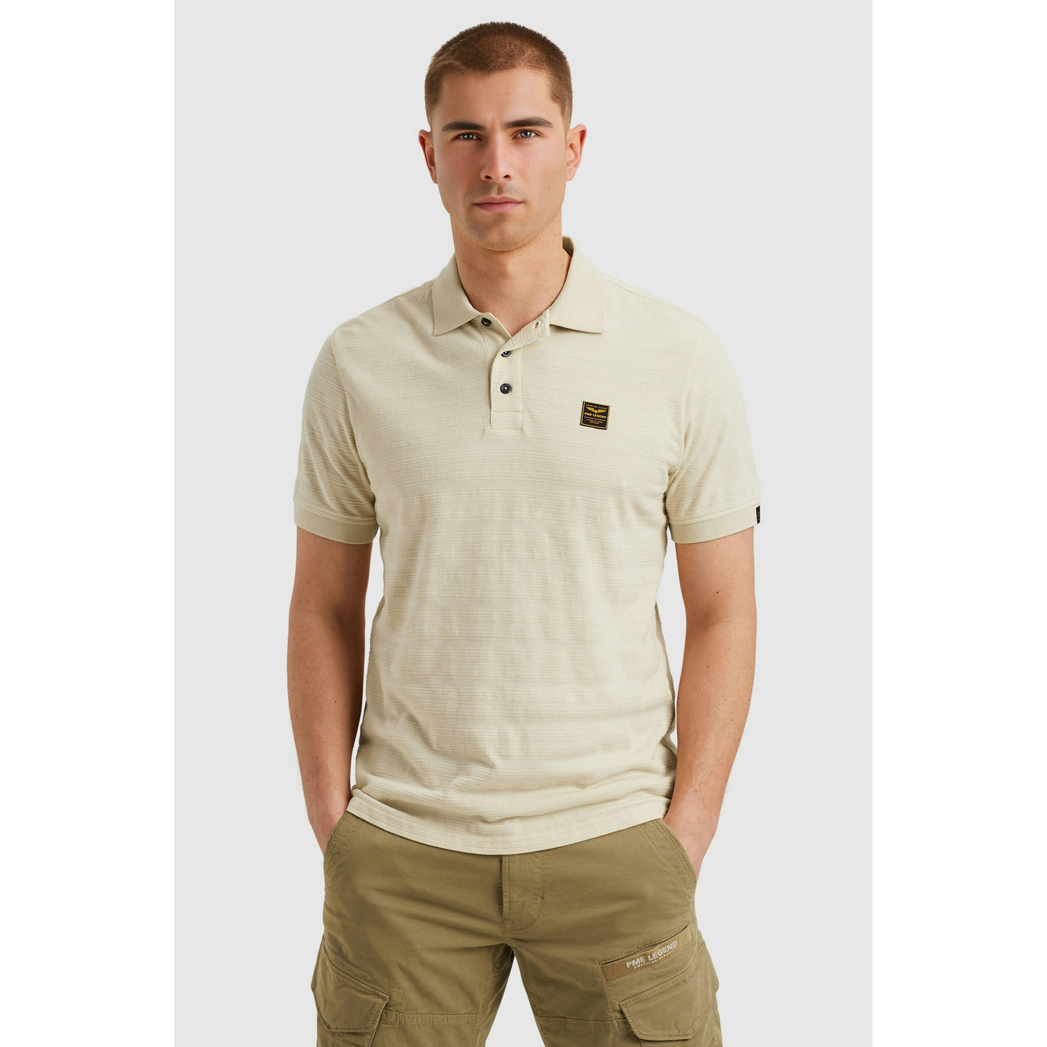 PME Legend regular polo met ingebreid patroon ecru