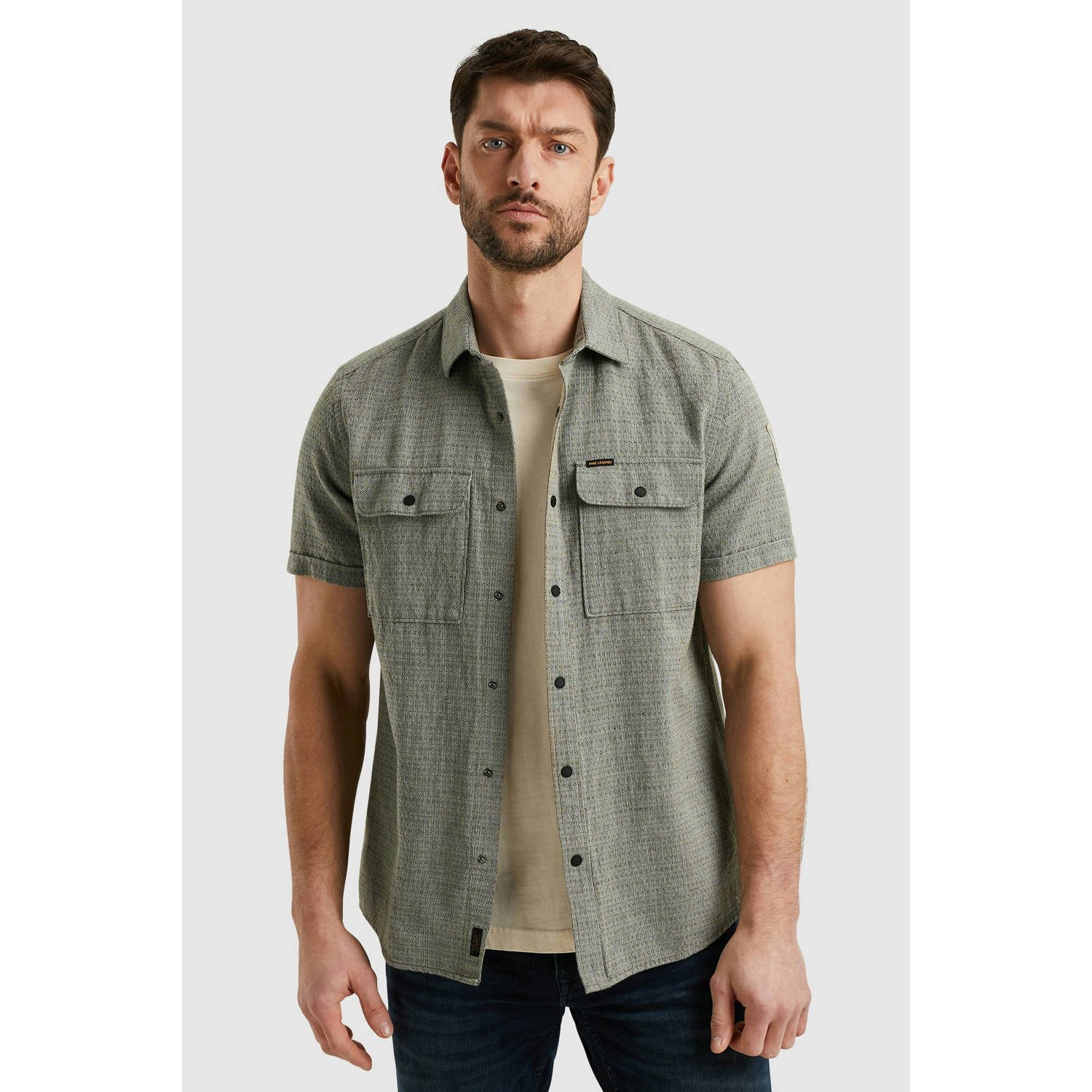 PME Legend Short Sleeve Overhemd Linnen Dobby Groen