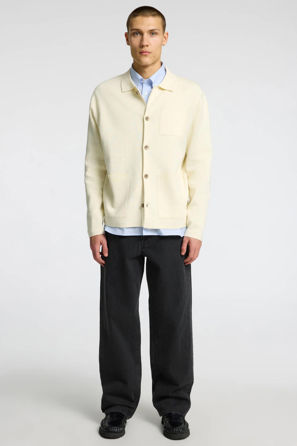 Ecru heren SELECTED HOMME gebreid vest van katoen met effen, lange mouwen, klassieke kraag en knoopsluiting