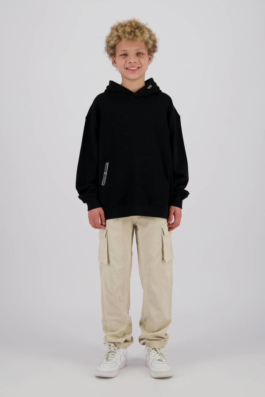 Zwarte jongens Raizzed hoodie van sweat materiaal met effen, lange mouwen en capuchon