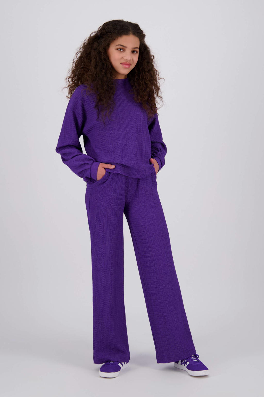 Paarse meisjes Raizzed top van polyester met effen, lange mouwen, ronde hals en textuur