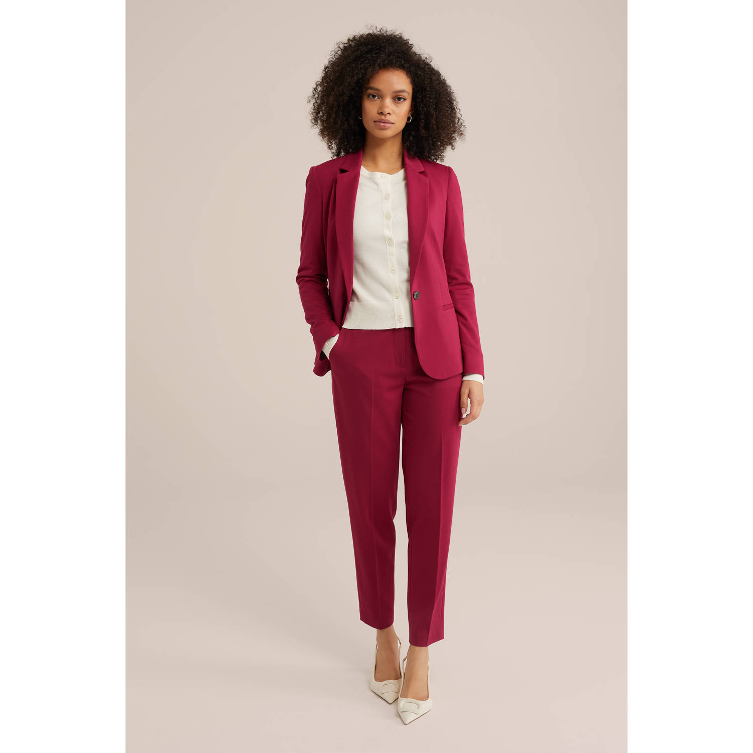 WE Fashion jersey getailleerde blazer donkerrood