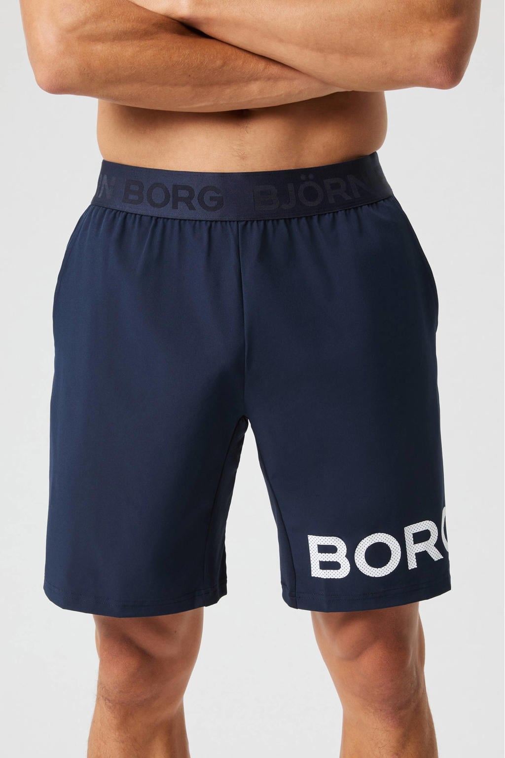 Donkerblauwe heren Björn Borg sportshort Borg van polyester met elastische tailleband met koord en logo dessin