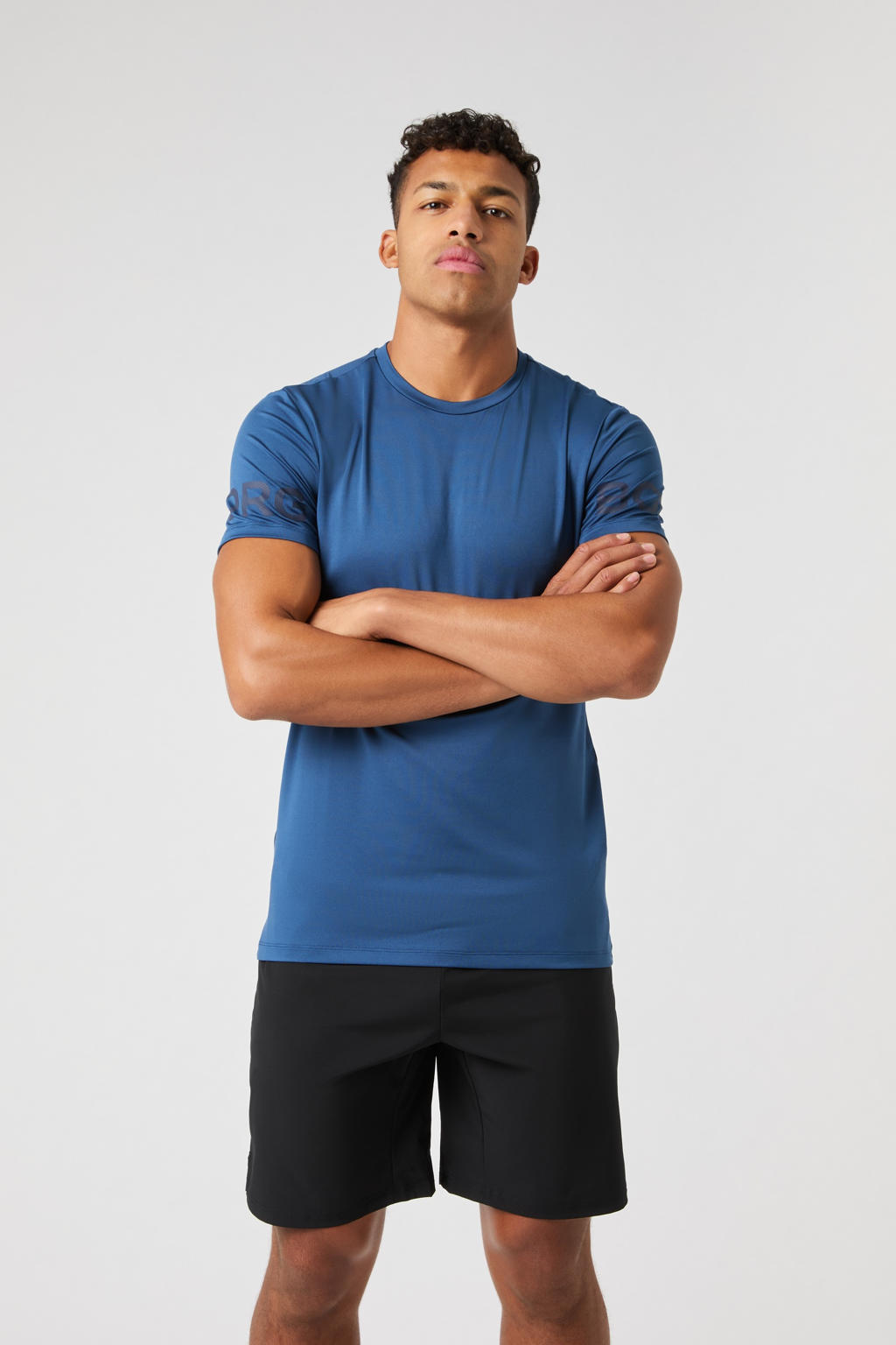 Blauwe heren Björn Borg sportshirt Borg van polyester met logo dessin, korte mouwen en ronde hals