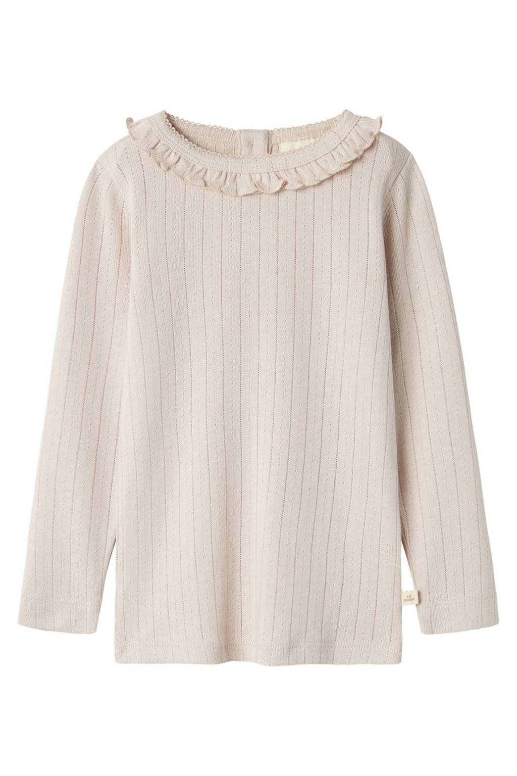 Beige meisjes LIL' ATELIER MINI longsleeve van katoen met effen, lange mouwen, ronde hals, knoopsluiting en ruches
