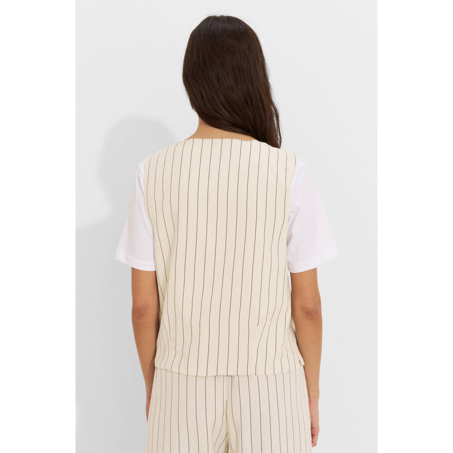 Ruby linnen gilet met krijtstreep print beige