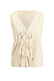 thumbnail: Beige dames Ruby linnen gilet print met krijtstreepprint, V-hals en striksluiting