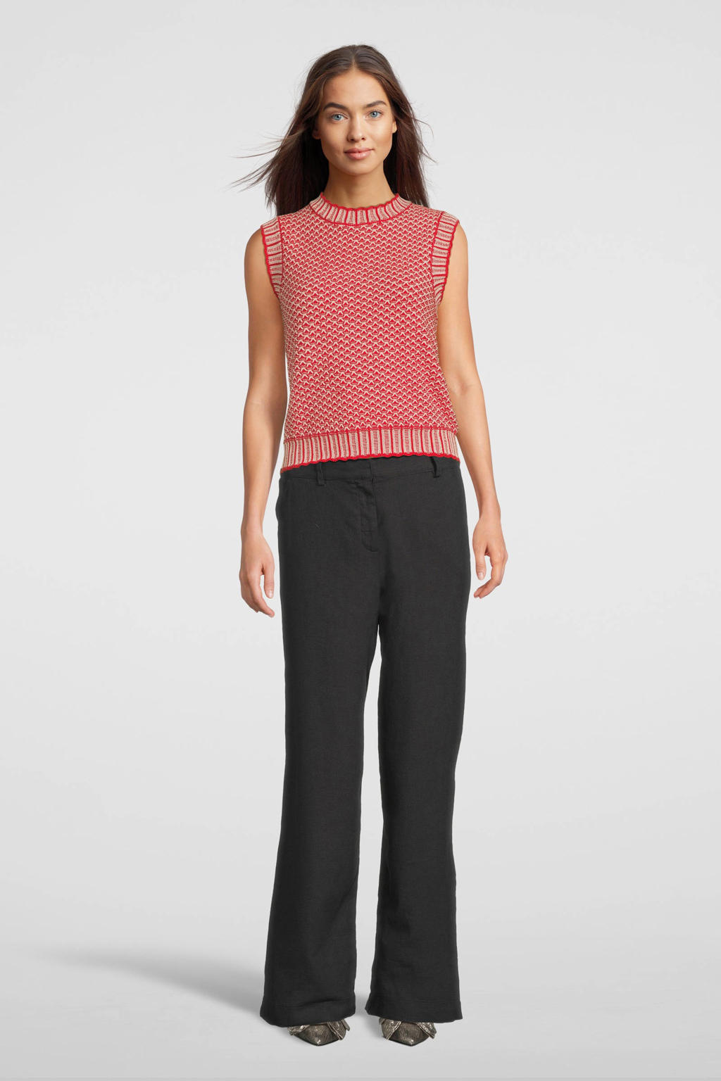 Grijze dames MSCH Copenhagen straight high waist casual broek van linnen met rits- en knoopsluiting en effen