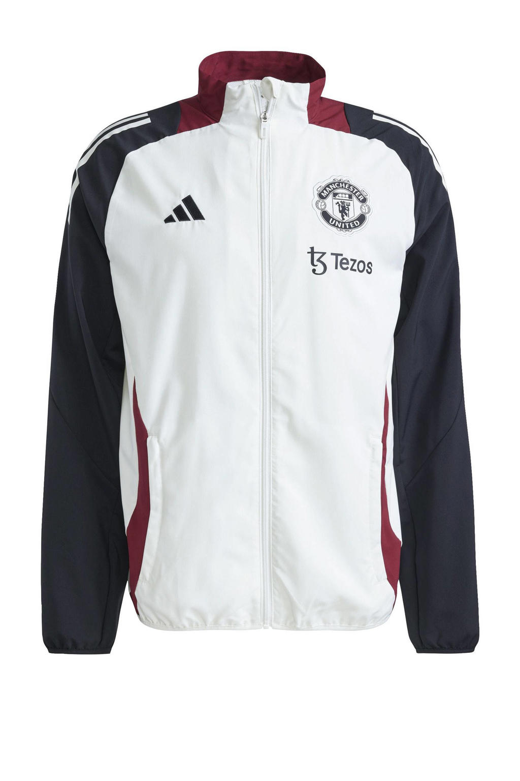 Wit en donkerblauwe heren adidas Performance Senior Manchester United sportvest van polyester met lange mouwen, opstaande kraag en ritssluiting