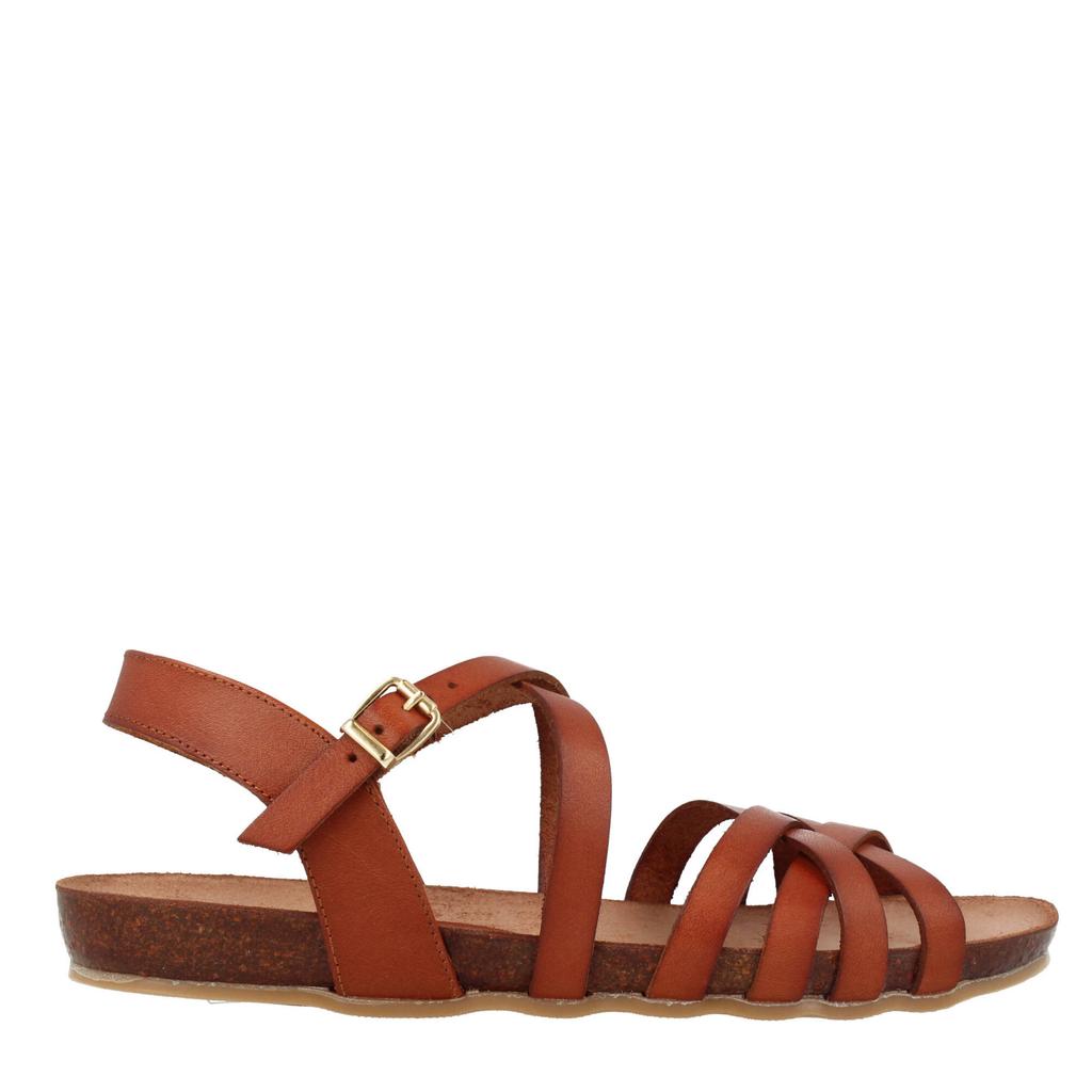 Cognackleurige dames Red Rag leren sandalen met gesp