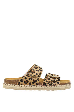 leren slippers met panterprint beige/zwart