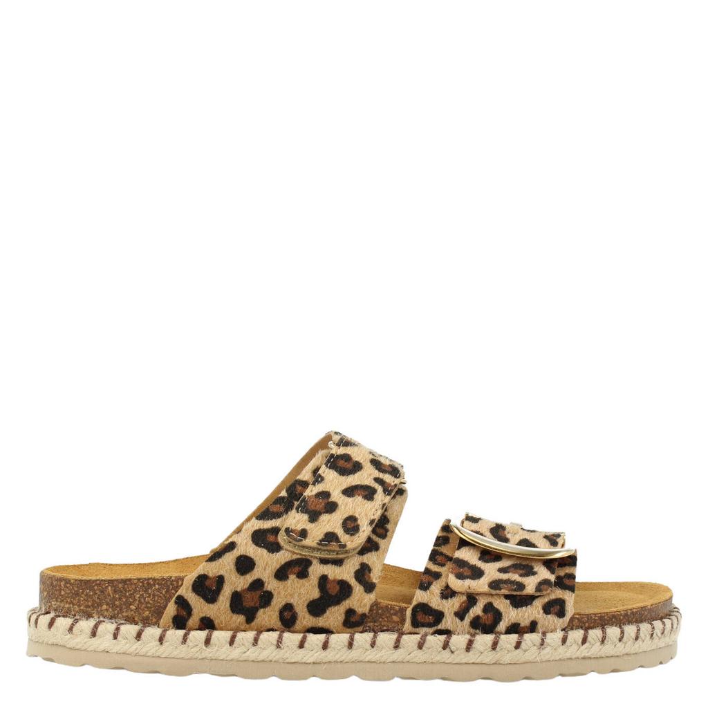 Beige en zwarte dames Red Rag leren slippers met gesp en panterprint