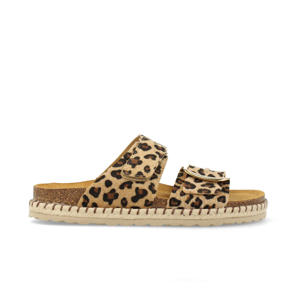 leren slippers met panterprint beige/zwart
