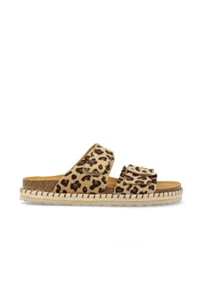 leren slippers met panterprint beige/zwart