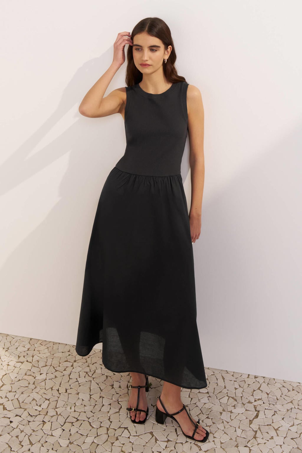 Zwarte dames Ruby maxi combi jurk van katoen met effen en ronde hals