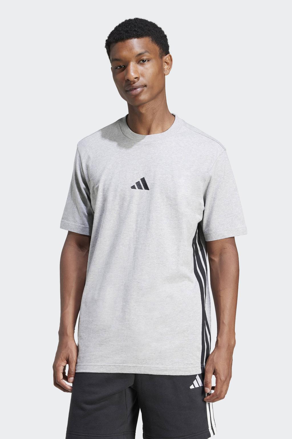 Grijs melange, grijs en zwarte heren adidas Sportswear T-shirt melange van katoen met logo dessin, korte mouwen en ronde hals