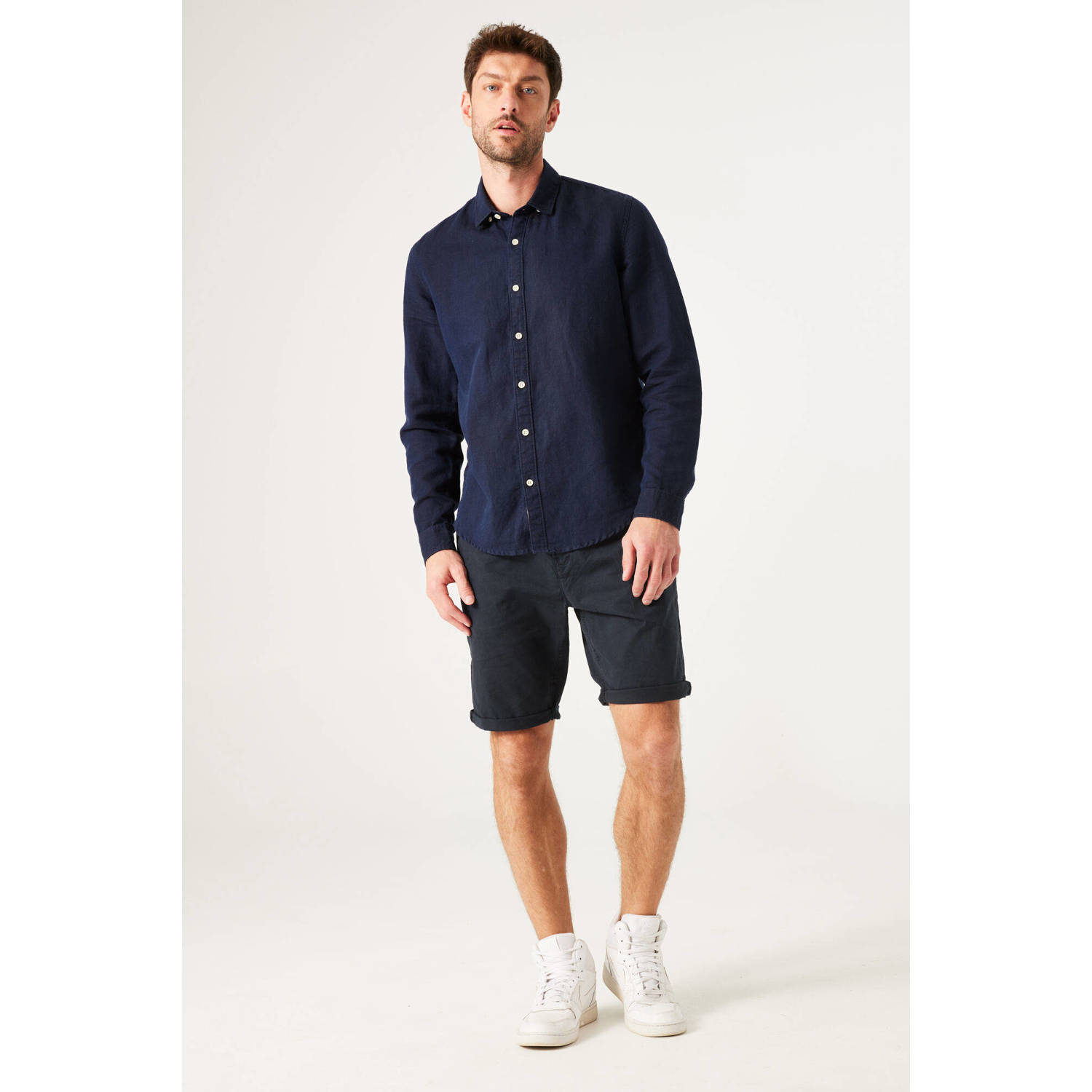 Garcia linnen casual overhemd donkerblauw