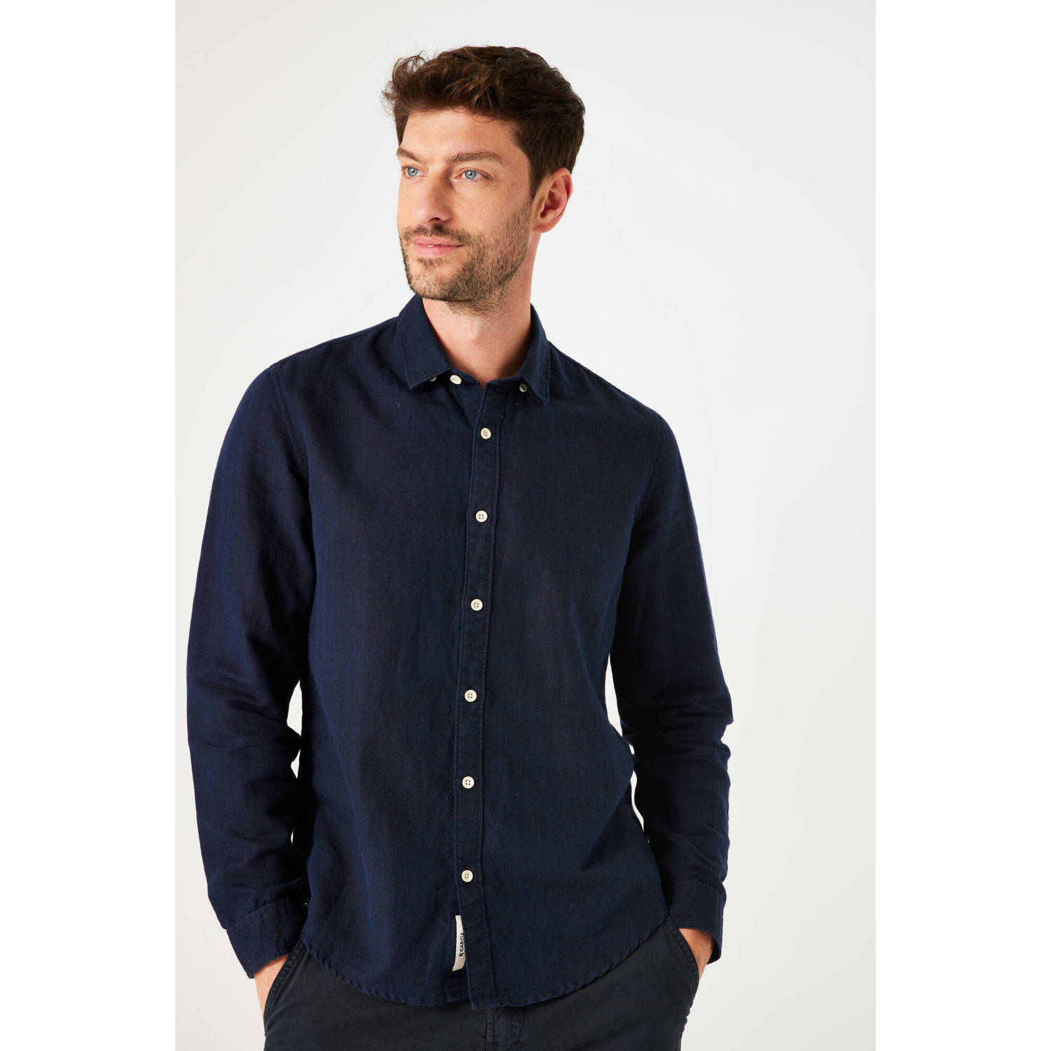 Garcia linnen casual overhemd donkerblauw