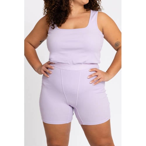 YOEK Lounge straight high waist biker short lila rib gebreid