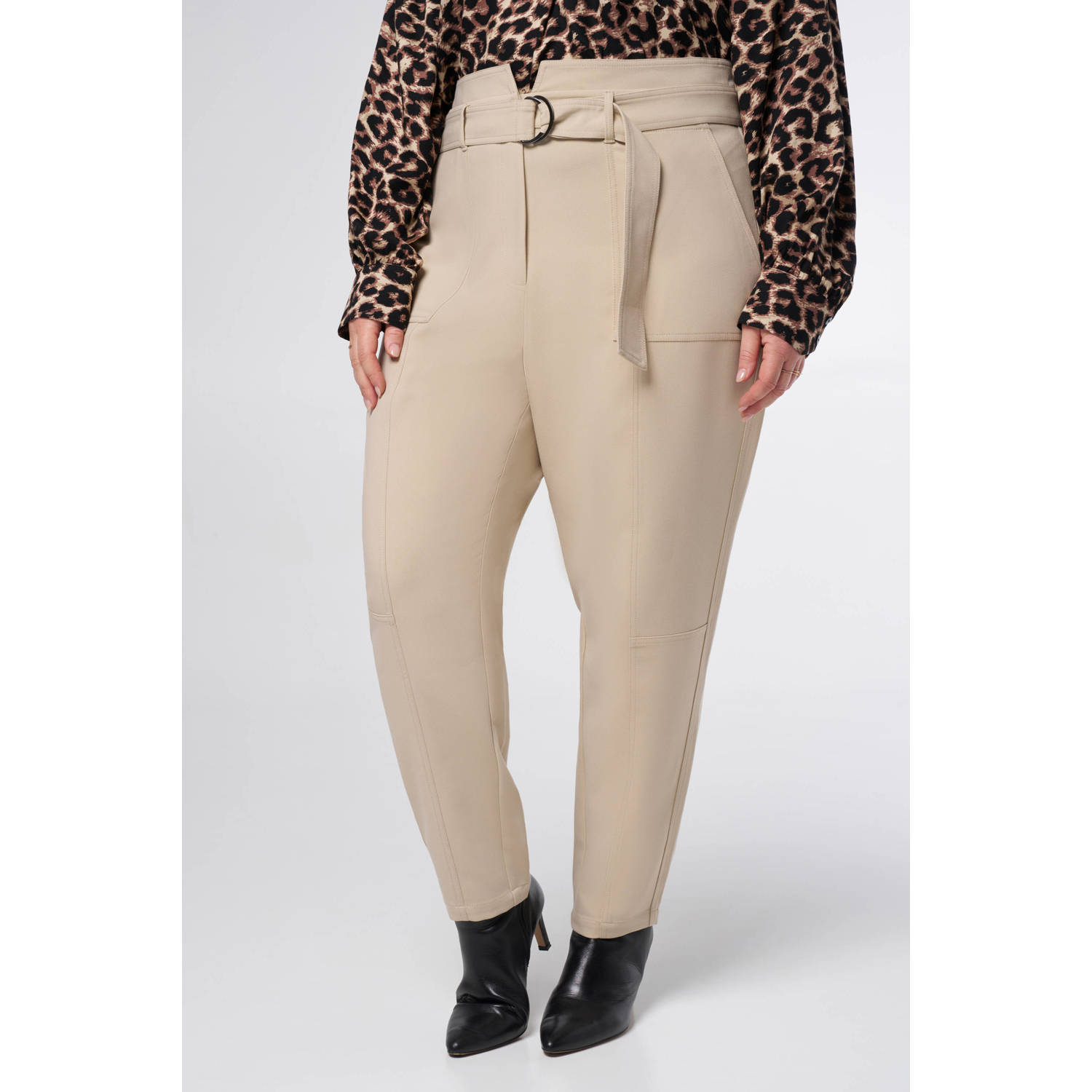 MS Mode rechtvallend regular waist paperbag broek zand