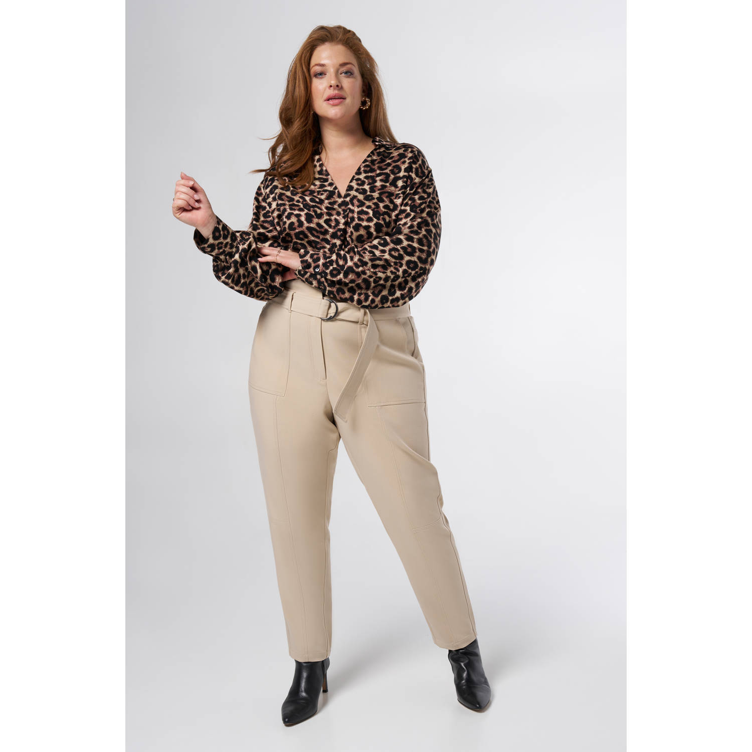 MS Mode rechtvallend regular waist paperbag broek zand