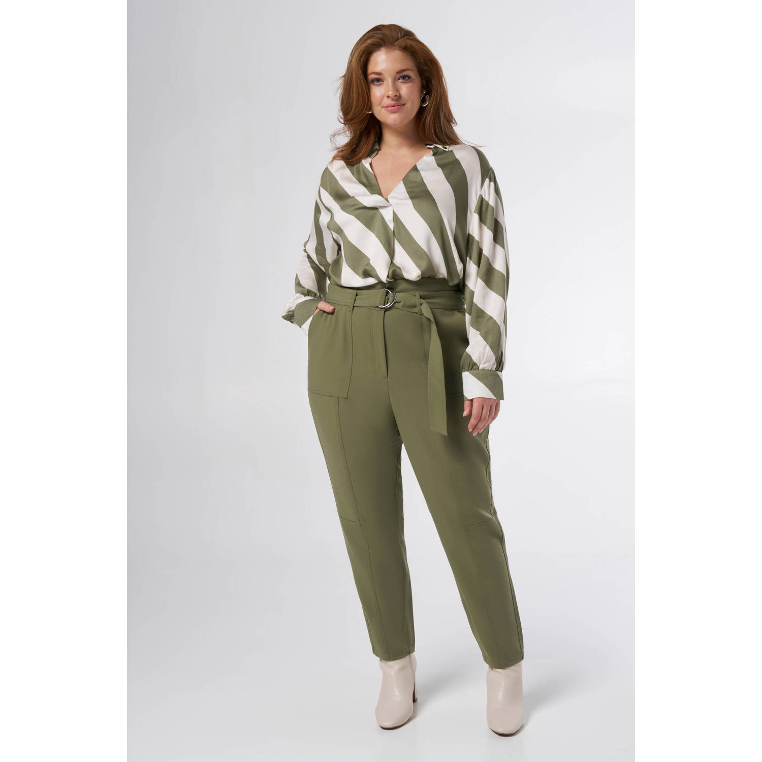 MS Mode rechtvallend regular waist paperbag broek kaki