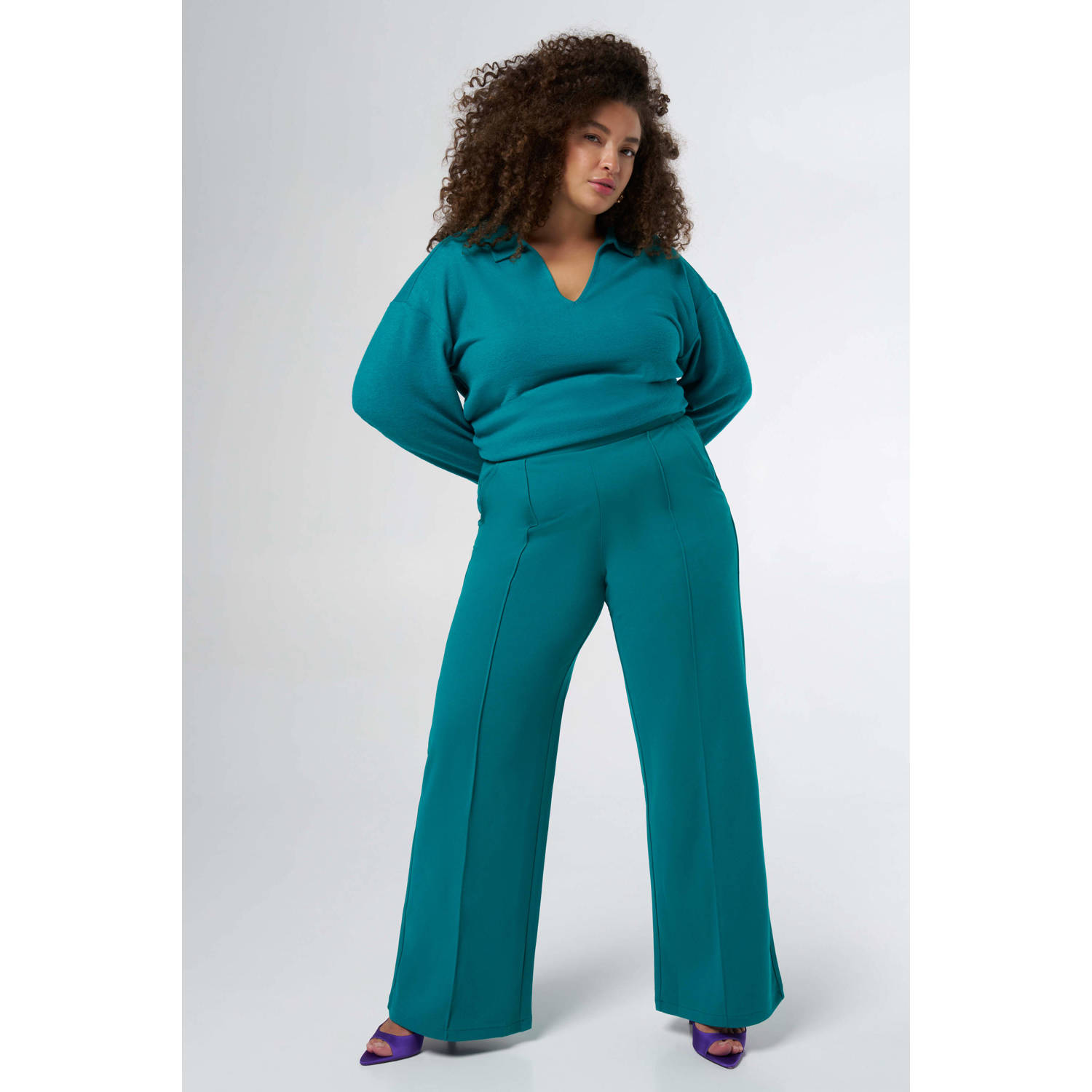 MS Mode wide leg regular waist broek petrol
