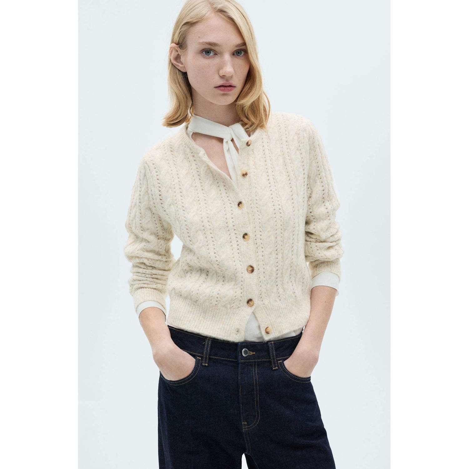Mango vest ecru met kabels