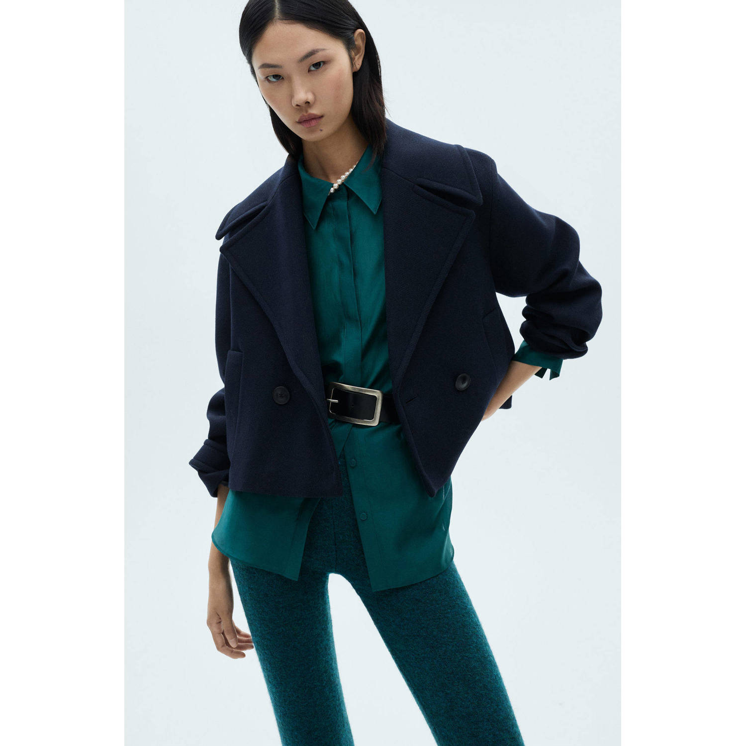 Mango flared regular waist broek donkerblauw fijn gebreid