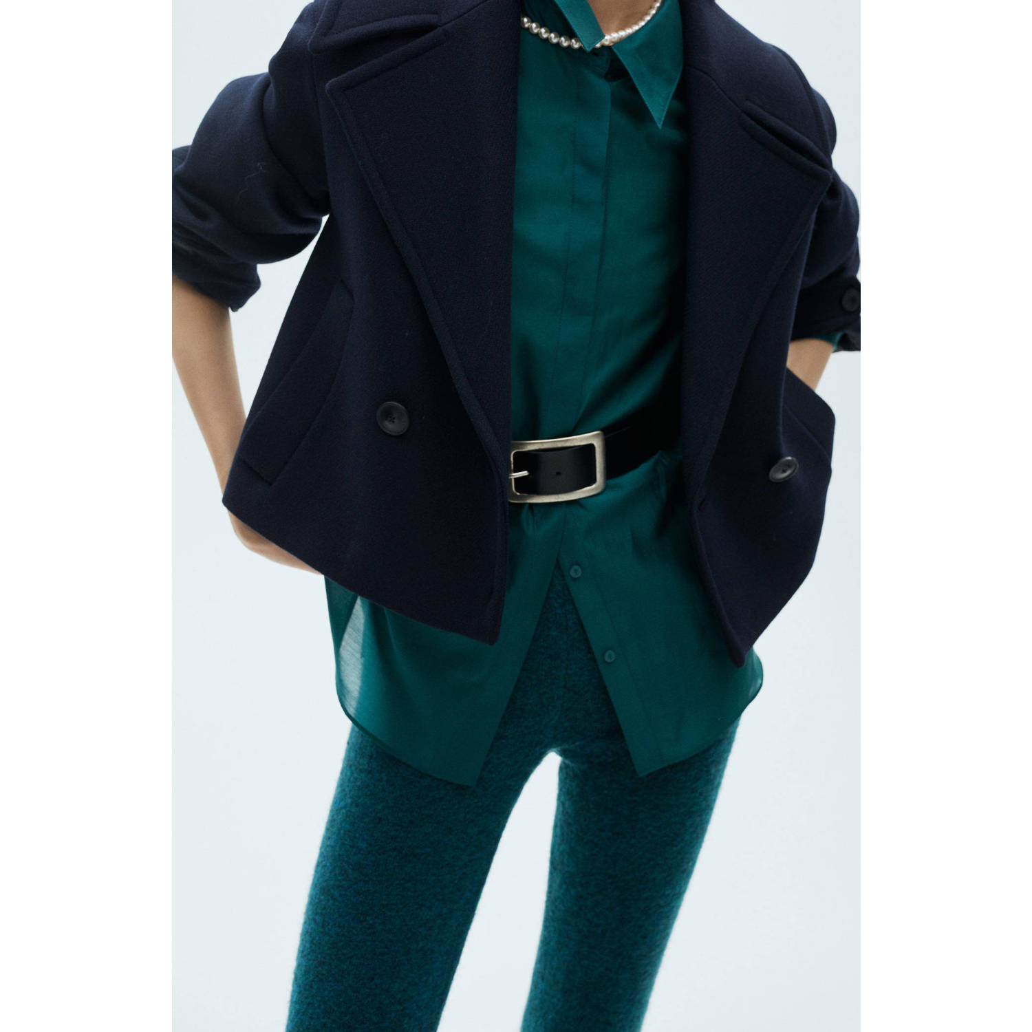 Mango flared regular waist broek donkerblauw fijn gebreid