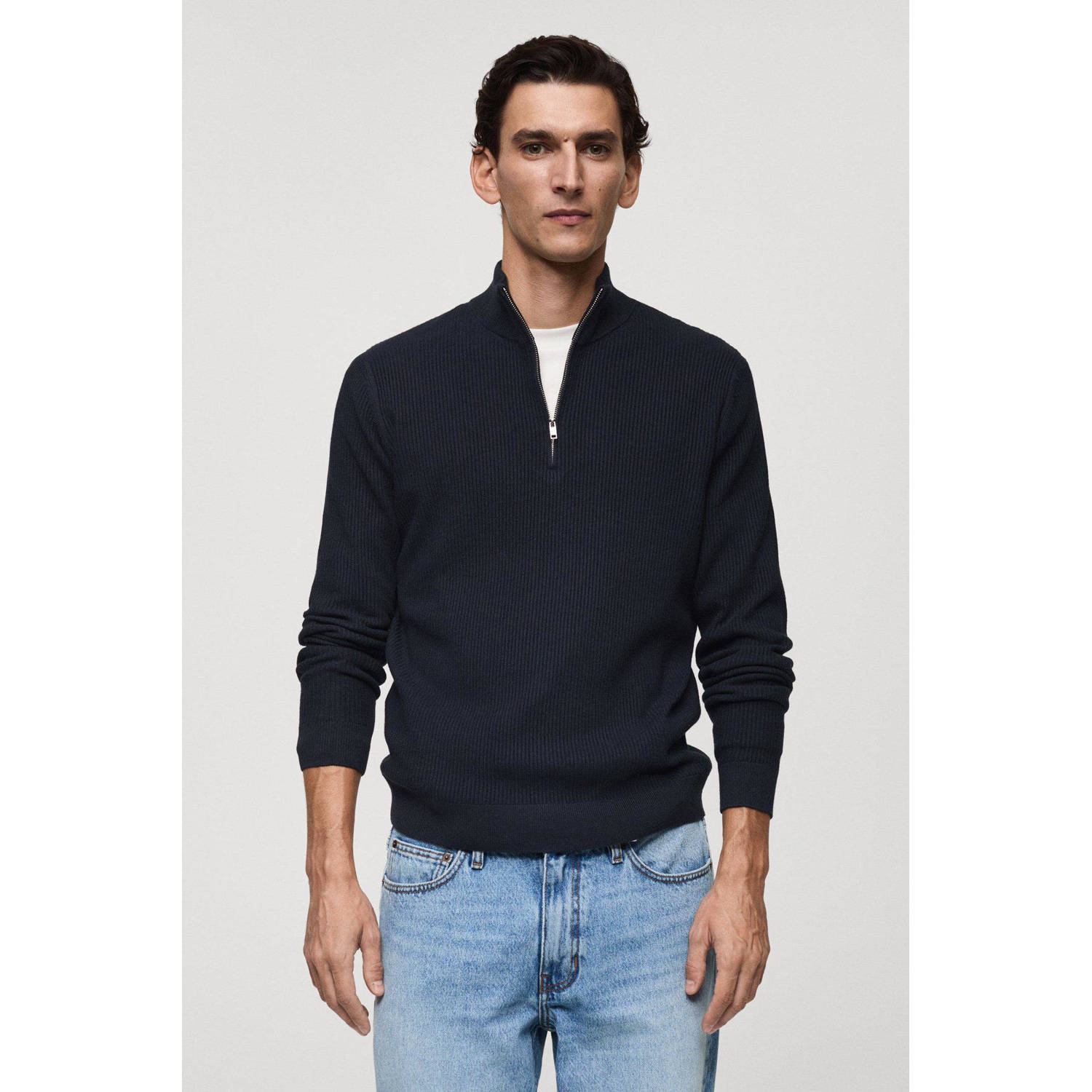Mango Man trui fijn gebreid donkerblauw