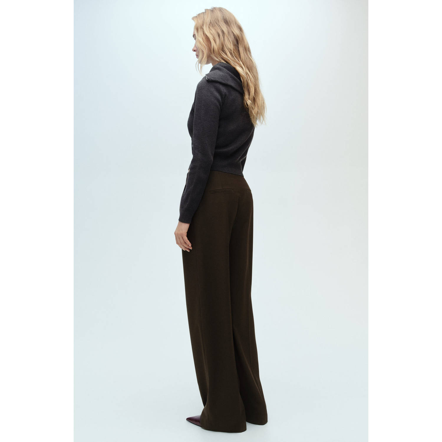 Mango wide leg regular waist broek donkerbruin