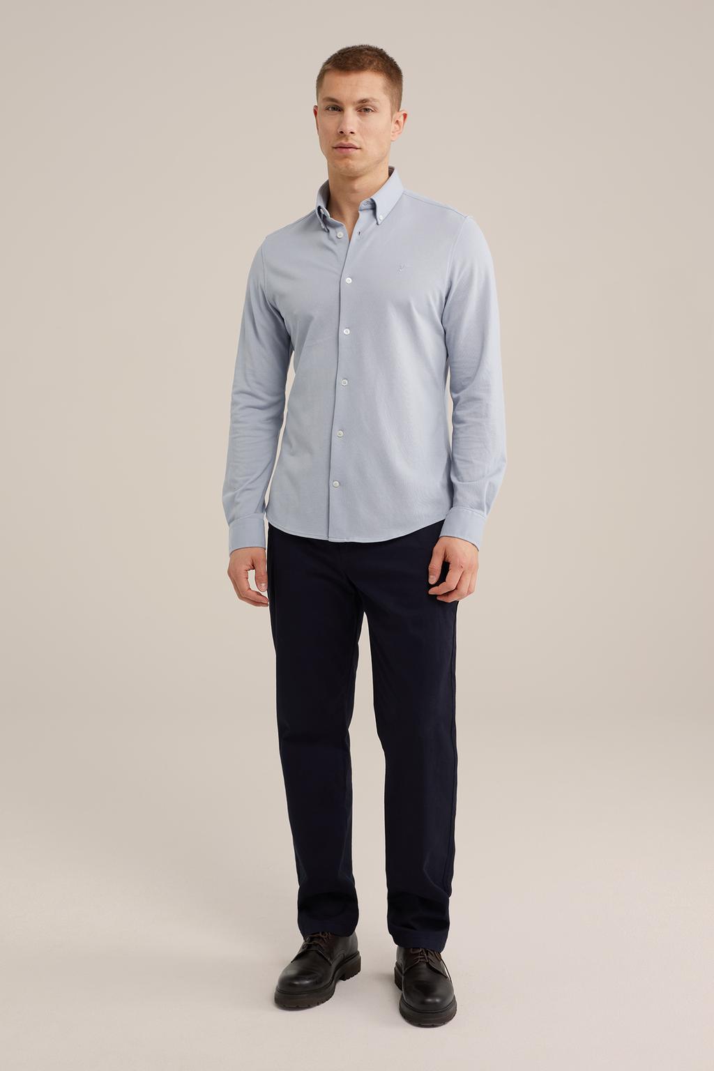 Lichtblauwe heren WE Fashion casual overhemd Mid Indigo van katoen met effen, lange mouwen, button down sluiting en knoopsluiting