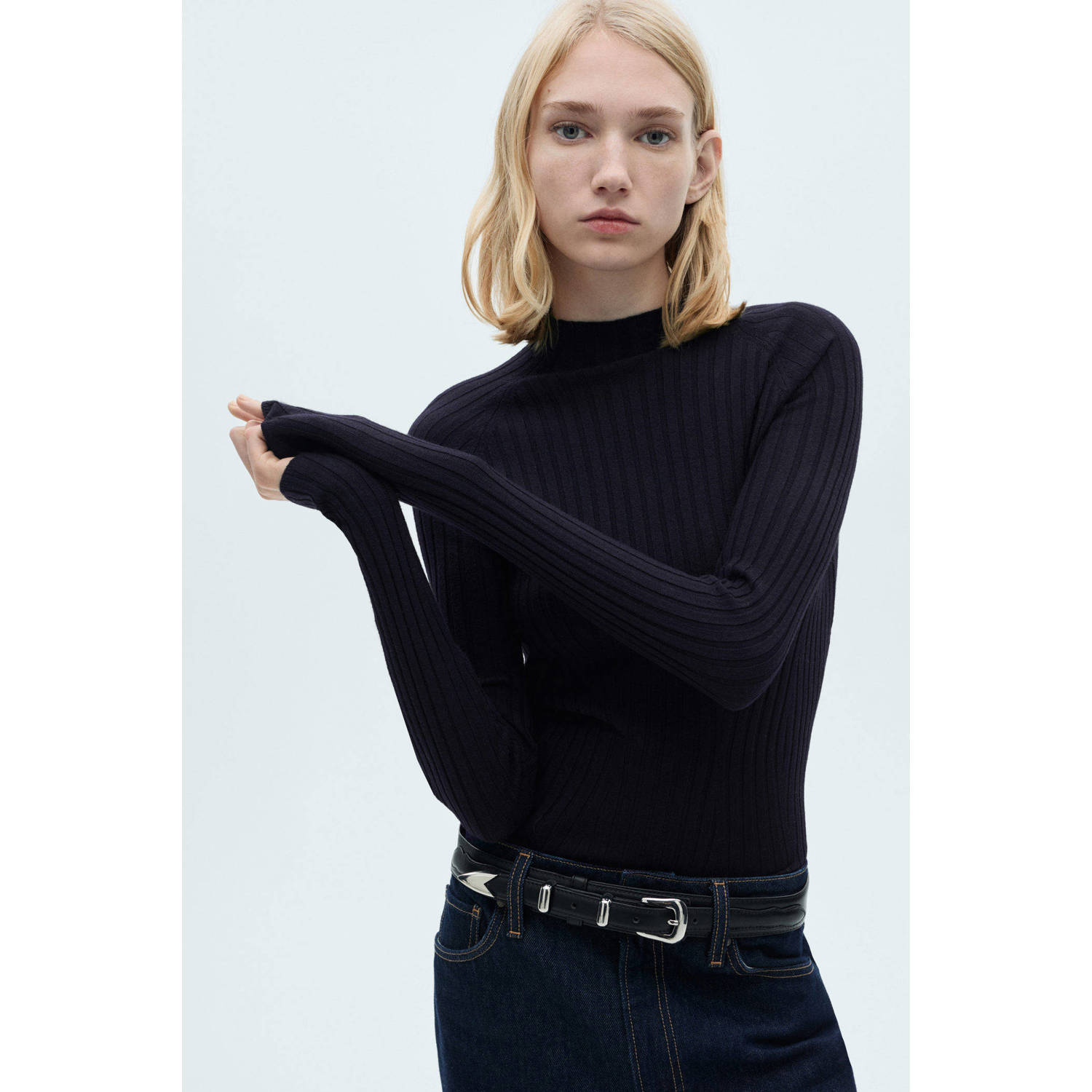 Mango top rib gebreid donkerblauw